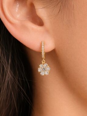18k Gold Diamond Flower Drop Earrings